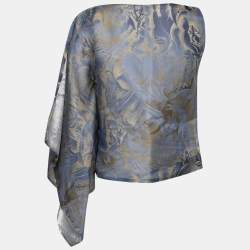 Pre Owned Giorgio Armani Blue Printed Silk Organza Asymmetric Sleeve Detailed Top M