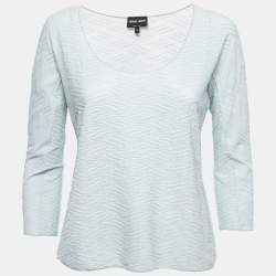 Pre Owned Giorgio Armani Light Blue Patterned Knit Long Sleeve T-Shirt M