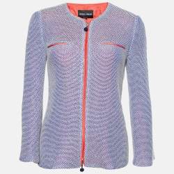 Giorgio Armani Blue/White Textured Cotton Zip Up Jacket M