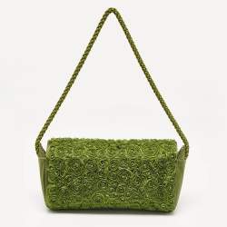 Pre Owned Giorgio Armani Olive Green Satin Floral Applique Tassel Bag