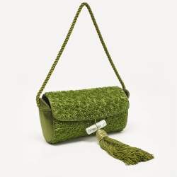 Pre Owned Giorgio Armani Olive Green Satin Floral Applique Tassel Bag