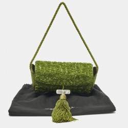 Pre Owned Giorgio Armani Olive Green Satin Floral Applique Tassel Bag