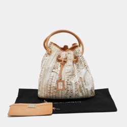 Giorgio Armani White/Brown Print Canvas and Leather Pleated Ring Handle Hobo