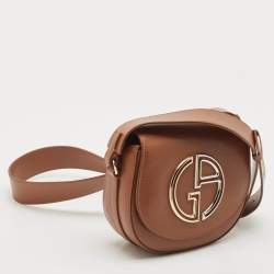 Giorgio Armani Brown Leather Logo Flap Shoulder Bag