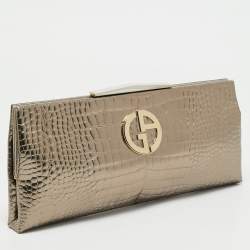 Pre Owned Giorgio Armani Gold Croc Embossed Patent Leather Frame Clutch