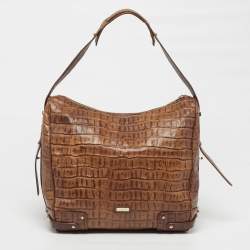 Pre Owned Giorgio Armani Brown Croc Embossed Leather Hobo