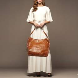 Pre Owned Giorgio Armani Brown Croc Embossed Leather Hobo