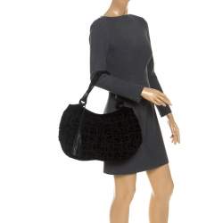 Pre Owned Giorgio Armani Black Velvet and Leather Tassel Satchel