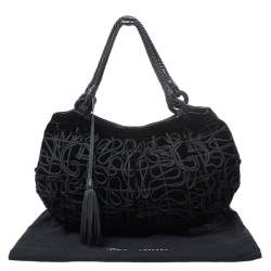 Pre Owned Giorgio Armani Black Velvet and Leather Tassel Satchel