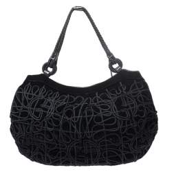 Pre Owned Giorgio Armani Black Velvet and Leather Tassel Satchel