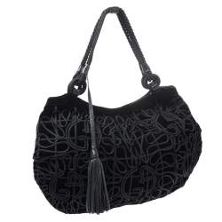 Pre Owned Giorgio Armani Black Velvet and Leather Tassel Satchel