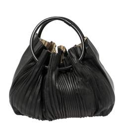 Pre Owned Giorgio Armani Black Leather Pleated Hobo