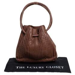 Pre Owned Giorgio Armani Brown Pleated Leather Ring Handle Tote
