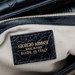 Giorgio Armani Black Croc Embossed Leather Top Handle Bag