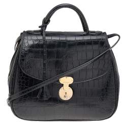 Giorgio Armani Black Croc Embossed Leather Top Handle Bag