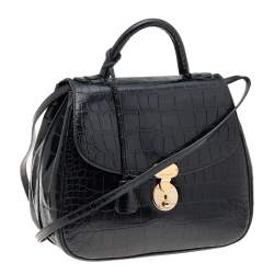 Giorgio Armani Black Croc Embossed Leather Top Handle Bag
