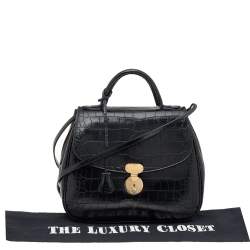 Giorgio Armani Black Croc Embossed Leather Top Handle Bag