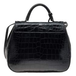 Giorgio Armani Black Croc Embossed Leather Top Handle Bag