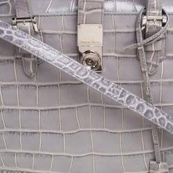 Pre Owned Giorgio Armani Grey Croc Embossed Leather  Flap Top Handle Bag