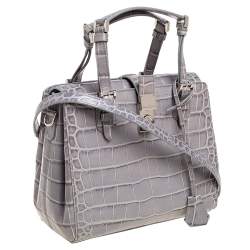 Pre Owned Giorgio Armani Grey Croc Embossed Leather  Flap Top Handle Bag