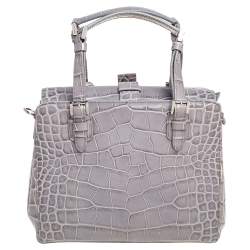 Pre Owned Giorgio Armani Grey Croc Embossed Leather  Flap Top Handle Bag