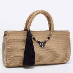Pre Owned Giorgio Armani Beige Fabric Embellished Tote