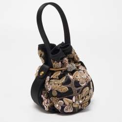Pre Owned Giorgio Armani Black Satin Floral Embroidered Crystals Bucket Clutch Bag