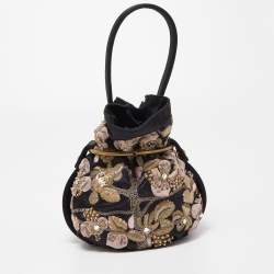 Pre Owned Giorgio Armani Black Satin Floral Embroidered Crystals Bucket Clutch Bag