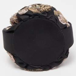 Pre Owned Giorgio Armani Black Satin Floral Embroidered Crystals Bucket Clutch Bag