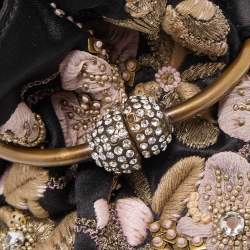 Pre Owned Giorgio Armani Black Satin Floral Embroidered Crystals Bucket Clutch Bag