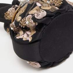 Pre Owned Giorgio Armani Black Satin Floral Embroidered Crystals Bucket Clutch Bag
