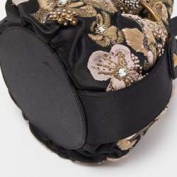 Pre Owned Giorgio Armani Black Satin Floral Embroidered Crystals Bucket Clutch Bag