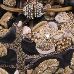 Pre Owned Giorgio Armani Black Satin Floral Embroidered Crystals Bucket Clutch Bag