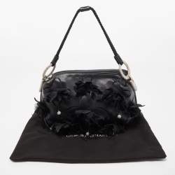 Pre Owned Giorgio Armani Black Leather Floral and Crystal Embellished Bag