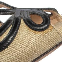 Giorgio Armani Beige/Black Raffia And Patent Butterfly Peep Toe Pumps Size 36