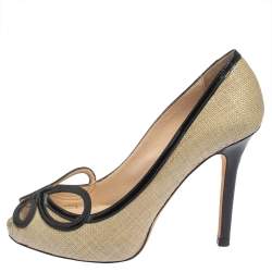 Giorgio Armani Beige/Black Raffia And Patent Butterfly Peep Toe Pumps Size 36