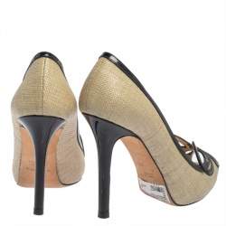 Giorgio Armani Beige/Black Raffia And Patent Butterfly Peep Toe Pumps Size 36