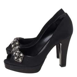 Giorgio Armani Black Satin Crystal Embellished Peep Toe Platform Pumps Size 36