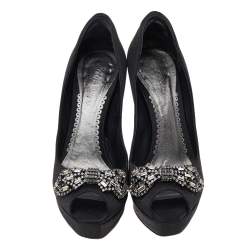 Giorgio Armani Black Satin Crystal Embellished Peep Toe Platform Pumps Size 36