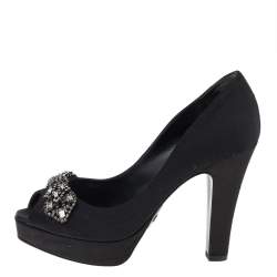 Giorgio Armani Black Satin Crystal Embellished Peep Toe Platform Pumps Size 36