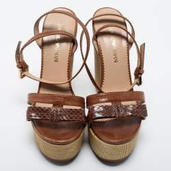 Giorgio Armani Brown Python and Leather Wedge Sandals Size 38.5