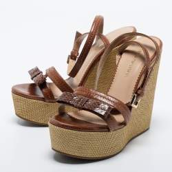 Giorgio Armani Brown Python and Leather Wedge Sandals Size 38.5