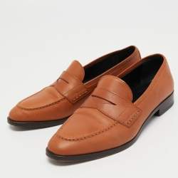 Pre Owned Giorgio Armani Brown Leather Slip On Loafers Size 36.5