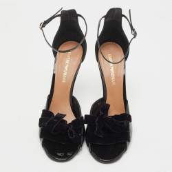 Giorgio Armani Black Velvet and Patent Leather Ankle Strap Sandals Size 39