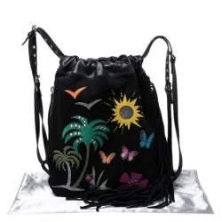 Giuseppe Zanotti Black Nubuck and Leather Tropical Embroidered Fringe Backpack