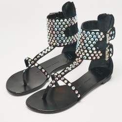 Pre Owned Giuseppe Zanotti Black Suede Crystal Embellished Thong Ankle Cuff Flat Sandals Size 37