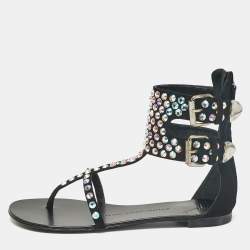 Pre Owned Giuseppe Zanotti Black Suede Crystal Embellished Thong Ankle Cuff Flat Sandals Size 37