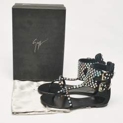 Pre Owned Giuseppe Zanotti Black Suede Crystal Embellished Thong Ankle Cuff Flat Sandals Size 37