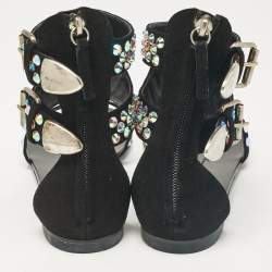 Pre Owned Giuseppe Zanotti Black Suede Crystal Embellished Thong Ankle Cuff Flat Sandals Size 37