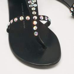 Pre Owned Giuseppe Zanotti Black Suede Crystal Embellished Thong Ankle Cuff Flat Sandals Size 37